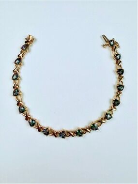 10K Solid Yellow Gold 8 CT Mystic Topaz Tennis Trilliant Cut Vintage Bracelet